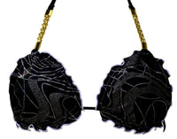Top bikini Eclisse triangolo nero con ricami argento, bordi frou frou e catenelle dorate